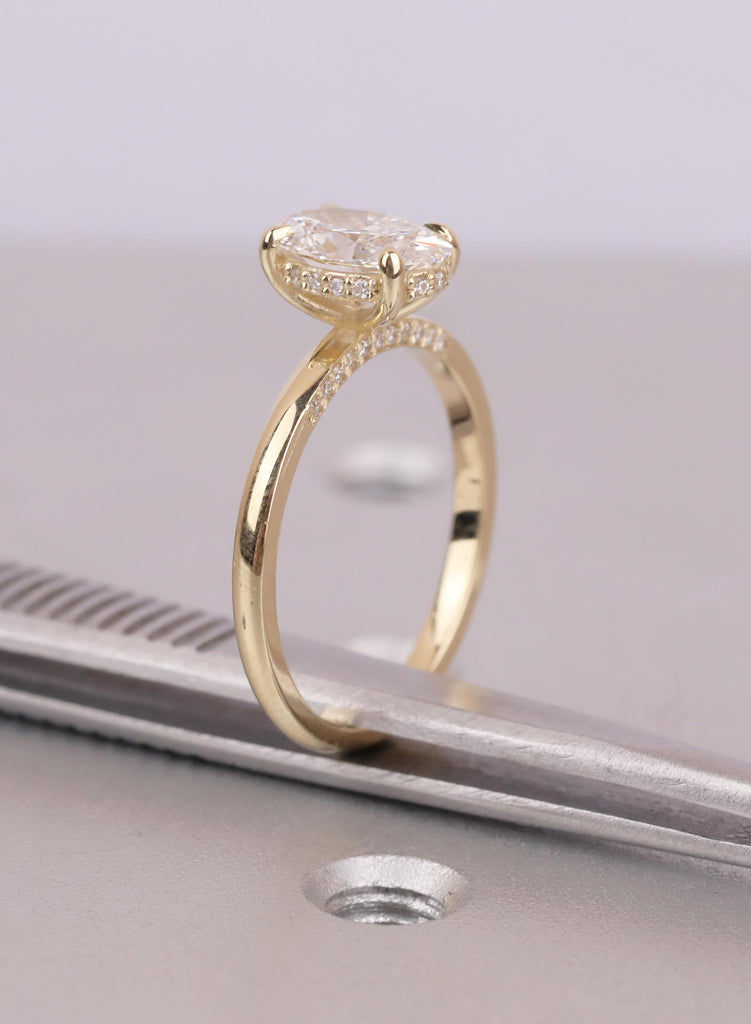 Oval Moissanite Engagement Ring, 14K Yellow Gold Hidden Halo, Pave Diamond Band