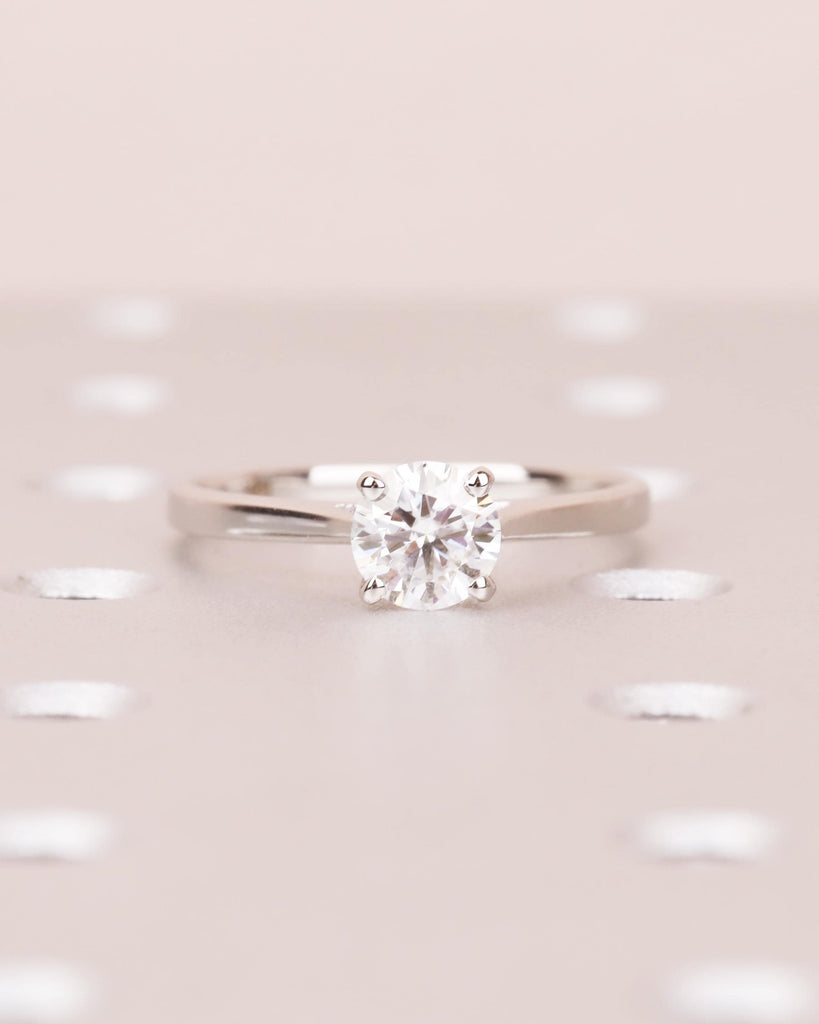 Round Cut Moissanite Engagement Ring, Solitaire Cathedral Ring in 14k White Gold, 4 Prong Set Ring, Squared Band, Simple Engagement Ring image #3