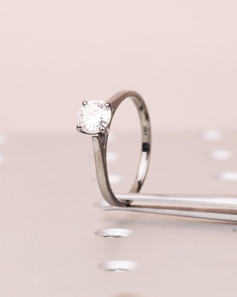 Round Cut Moissanite Engagement Ring, Solitaire Cathedral Ring in 14k Black Gold, 4 Prong Set Ring, Squared Band, Simple Engagement Ring image #2