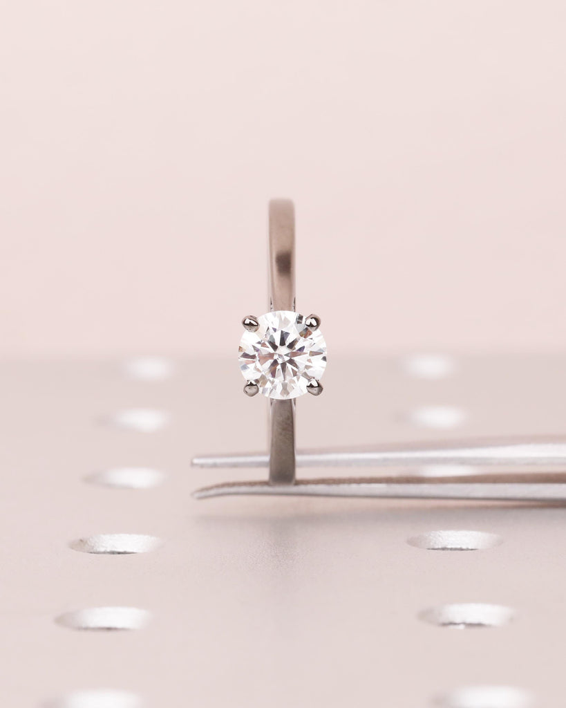 Round Cut Moissanite Engagement Ring, Solitaire Cathedral Ring in 14k Black Gold, 4 Prong Set Ring, Squared Band, Simple Engagement Ring image #8