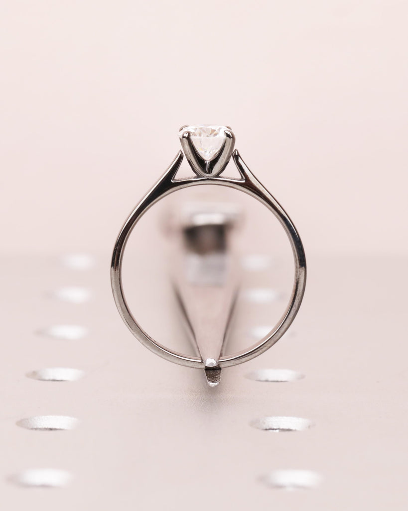 Round Cut Moissanite Engagement Ring, Solitaire Cathedral Ring in 14k Black Gold, 4 Prong Set Ring, Squared Band, Simple Engagement Ring image #4