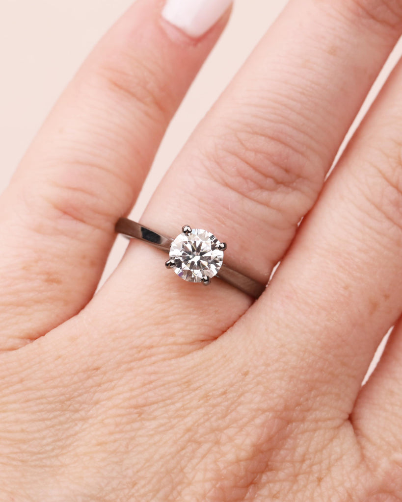 Round Cut Moissanite Engagement Ring, Solitaire Cathedral Ring in 14k Black Gold, 4 Prong Set Ring, Squared Band, Simple Engagement Ring image #10
