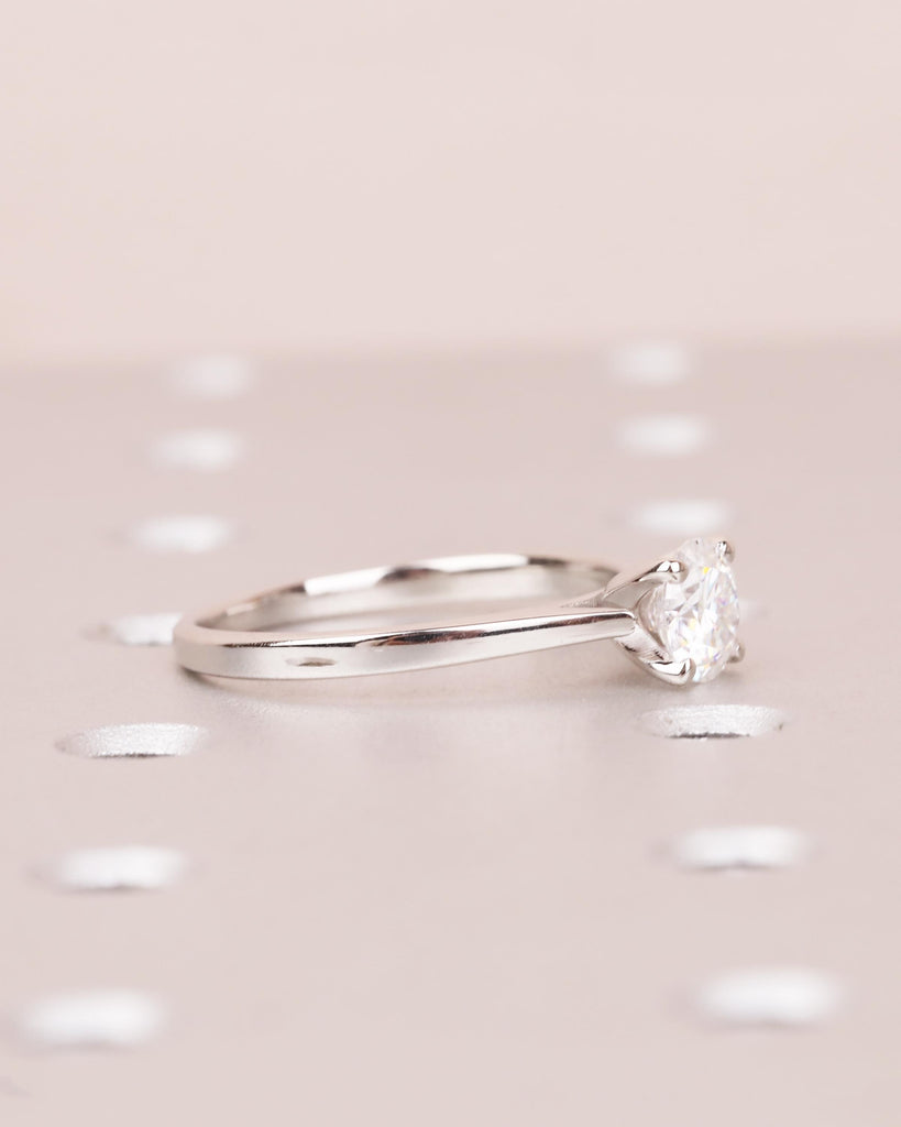 Round Cut Moissanite Engagement Ring, Solitaire Cathedral Ring in 14k White Gold, 4 Prong Set Ring, Squared Band, Simple Engagement Ring image #9