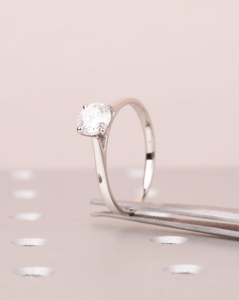 Round Cut Moissanite Engagement Ring, Solitaire Cathedral Ring in 14k White Gold, 4 Prong Set Ring, Squared Band, Simple Engagement Ring image #2