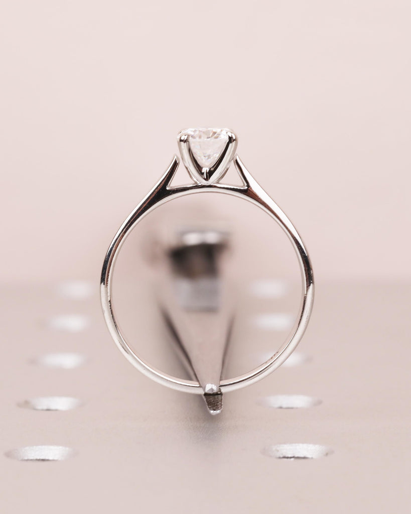 Round Cut Moissanite Engagement Ring, Solitaire Cathedral Ring in 14k White Gold, 4 Prong Set Ring, Squared Band, Simple Engagement Ring image #5