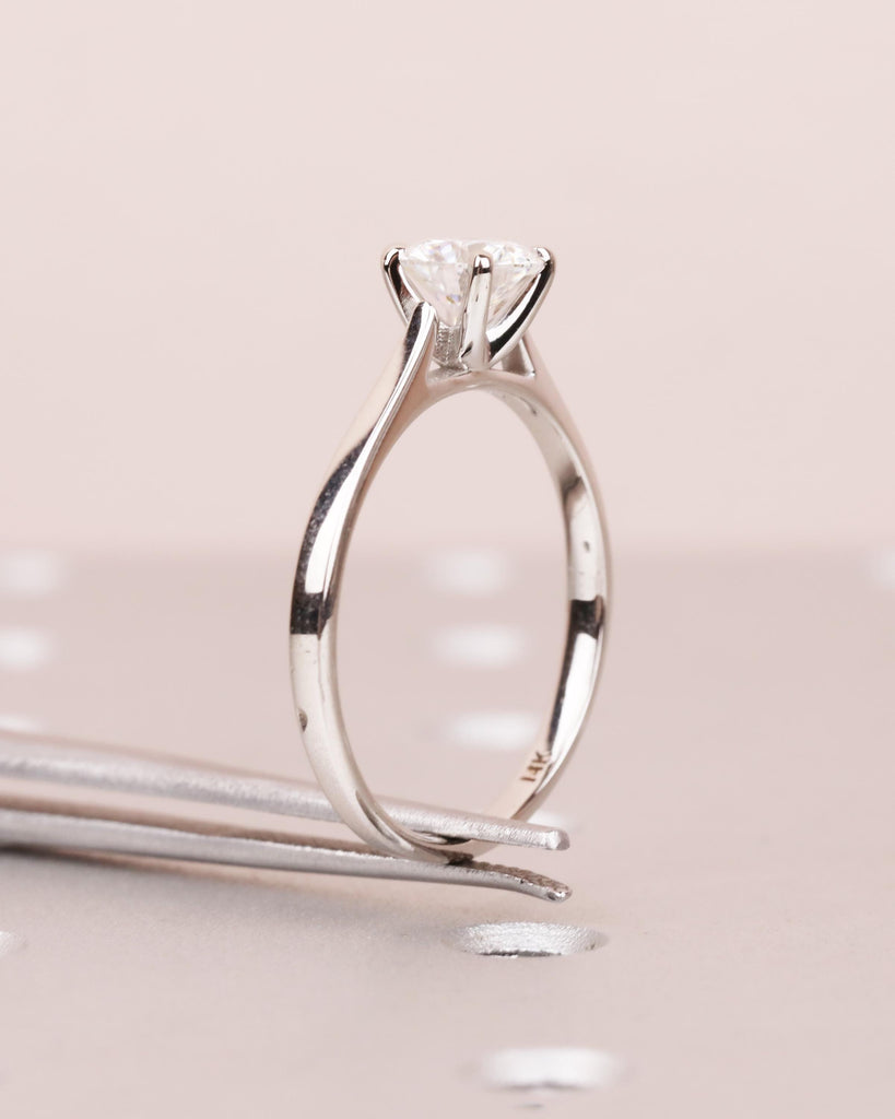 Round Cut Moissanite Engagement Ring, Solitaire Cathedral Ring in 14k White Gold, 4 Prong Set Ring, Squared Band, Simple Engagement Ring image #6