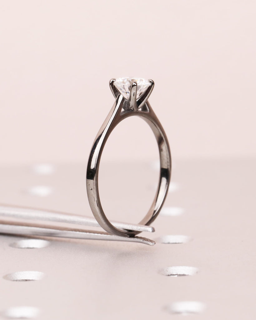 Round Cut Moissanite Engagement Ring, Solitaire Cathedral Ring in 14k Black Gold, 4 Prong Set Ring, Squared Band, Simple Engagement Ring image #1