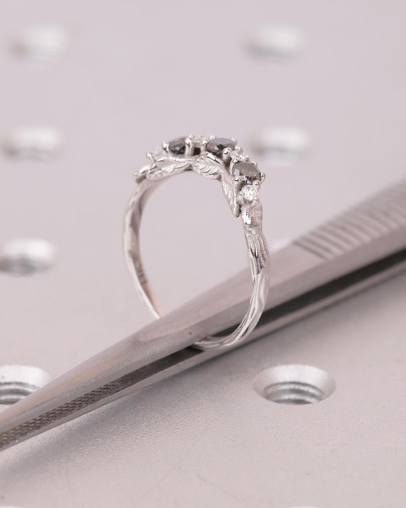 Women's Wedding Band, Vintage Salt and Pepper Diamond Ring, 14k White Gold Nature Inspired Ring, Art Deco Stackable Rings, Handmade Jewelry image #16
