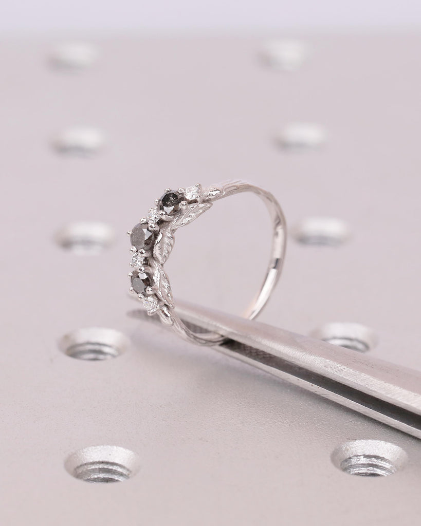 Women's Wedding Band, Vintage Salt and Pepper Diamond Ring, 14k White Gold Nature Inspired Ring, Art Deco Stackable Rings, Handmade Jewelry image #17