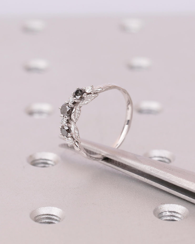 Curved Wedding Band Women, Solid Gold Moissanite, Salt and Pepper Diamond Ring, Nature Jewelry image #17