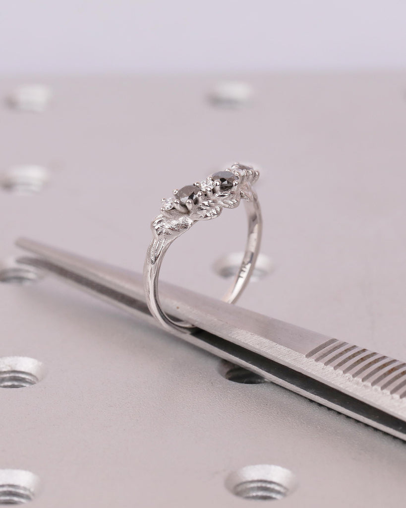 Women's Wedding Band, Vintage Salt and Pepper Diamond Ring, 14k White Gold Nature Inspired Ring, Art Deco Stackable Rings, Handmade Jewelry image #19