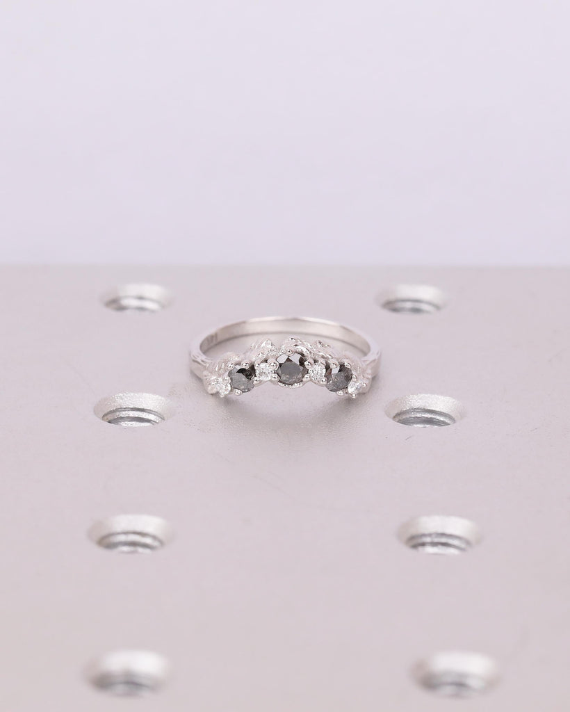 Curved Wedding Band Women, Solid Gold Moissanite, Salt and Pepper Diamond Ring, Nature Jewelry image #18