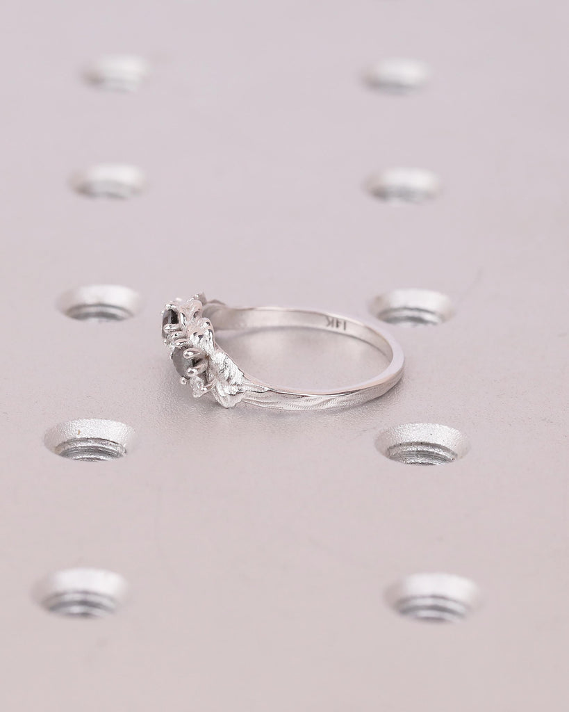 Women's Wedding Band, Vintage Salt and Pepper Diamond Ring, 14k White Gold Nature Inspired Ring, Art Deco Stackable Rings, Handmade Jewelry image #14