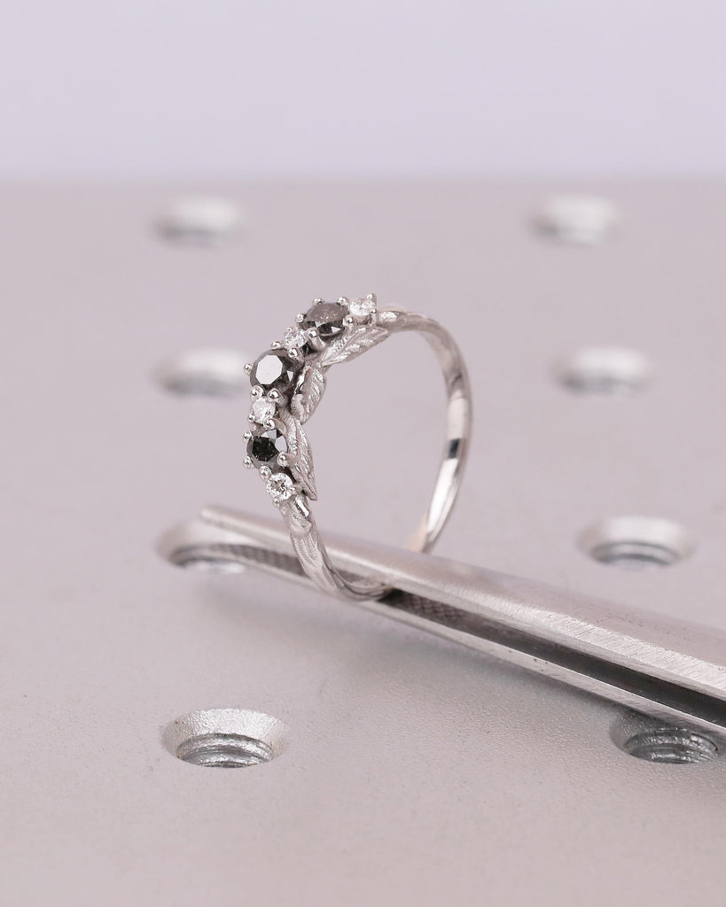 Curved Wedding Band Women, Solid Gold Moissanite, Salt and Pepper Diamond Ring, Nature Jewelry image #12