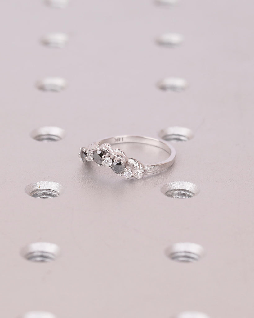 Women's Wedding Band, Vintage Salt and Pepper Diamond Ring, 14k White Gold Nature Inspired Ring, Art Deco Stackable Rings, Handmade Jewelry image #4