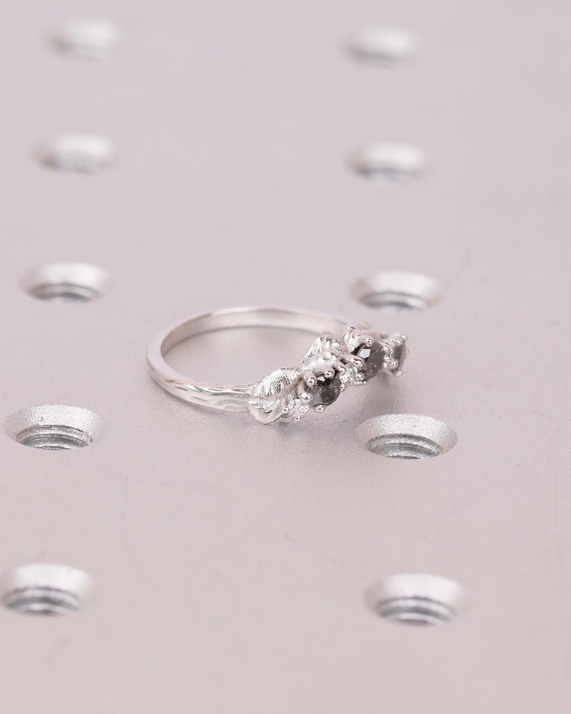 Women's Wedding Band, Vintage Salt and Pepper Diamond Ring, 14k White Gold Nature Inspired Ring, Art Deco Stackable Rings, Handmade Jewelry image #10