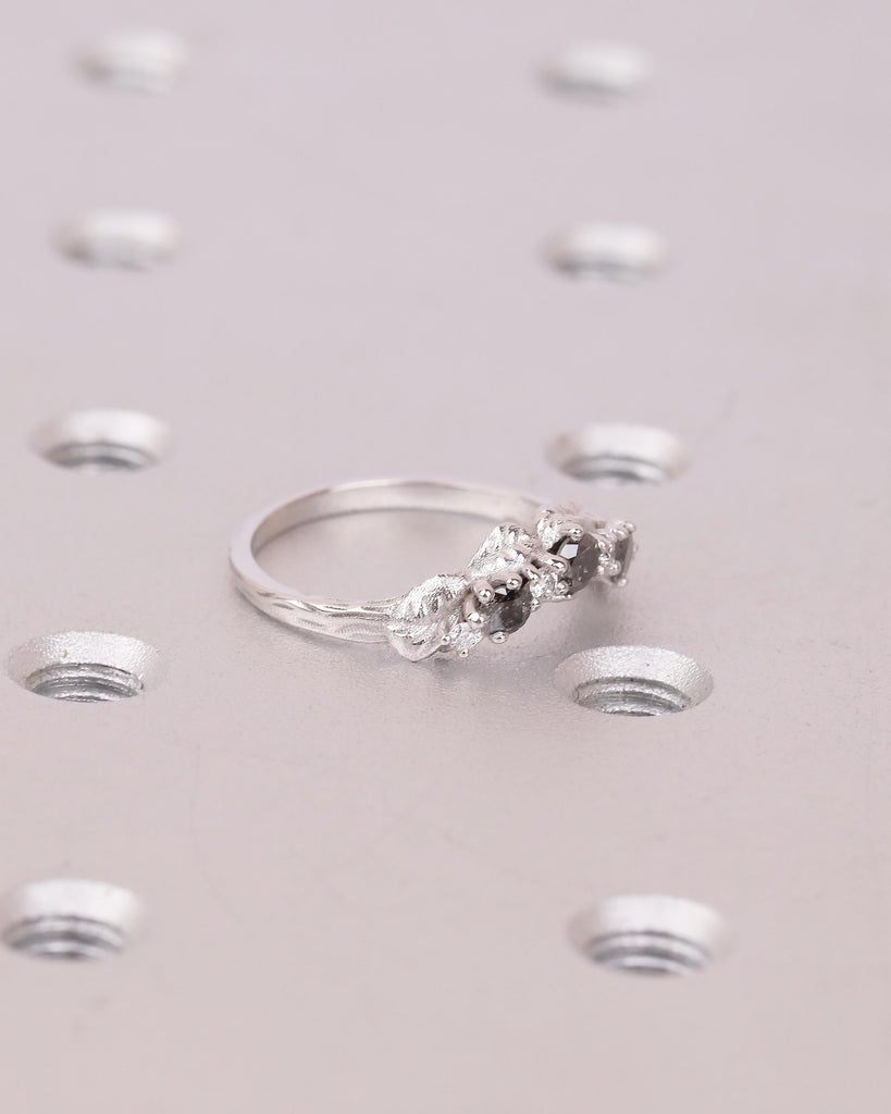 Curved Wedding Band Women, Solid Gold Moissanite, Salt and Pepper Diamond Ring, Nature Jewelry image #10