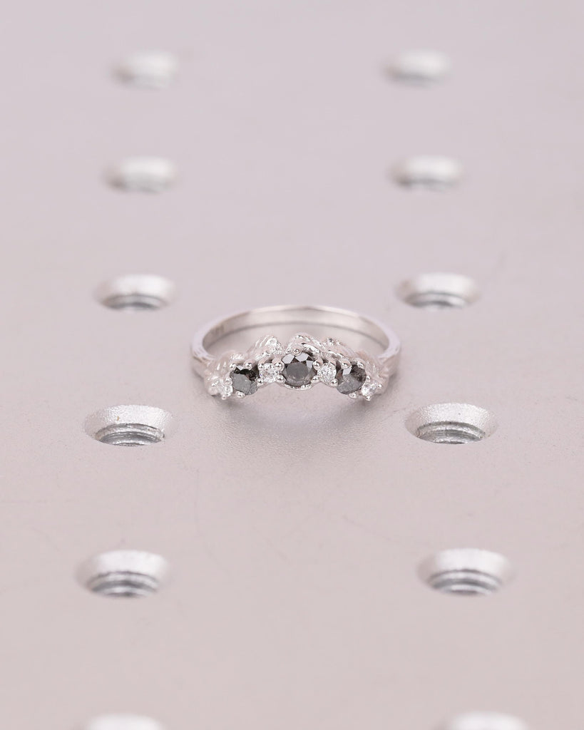 Women's Wedding Band, Vintage Salt and Pepper Diamond Ring, 14k White Gold Nature Inspired Ring, Art Deco Stackable Rings, Handmade Jewelry image #5