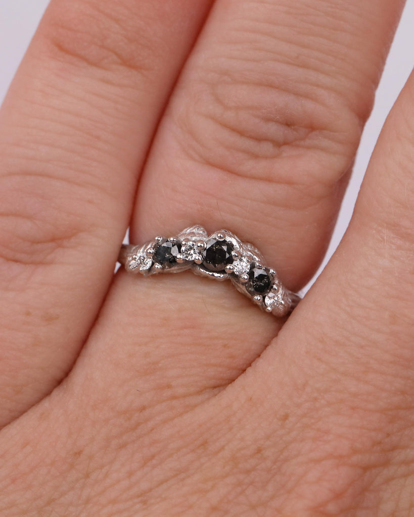 Women's Wedding Band, Vintage Salt and Pepper Diamond Ring, 14k White Gold Nature Inspired Ring, Art Deco Stackable Rings, Handmade Jewelry image #11