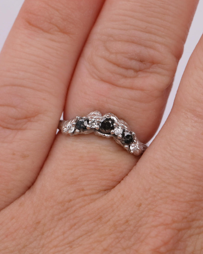 Curved Wedding Band Women, Solid Gold Moissanite, Salt and Pepper Diamond Ring, Nature Jewelry image #11