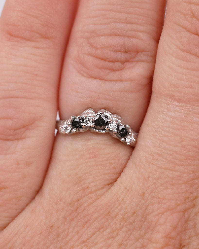 Women's Wedding Band, Vintage Salt and Pepper Diamond Ring, 14k White Gold Nature Inspired Ring, Art Deco Stackable Rings, Handmade Jewelry image #2