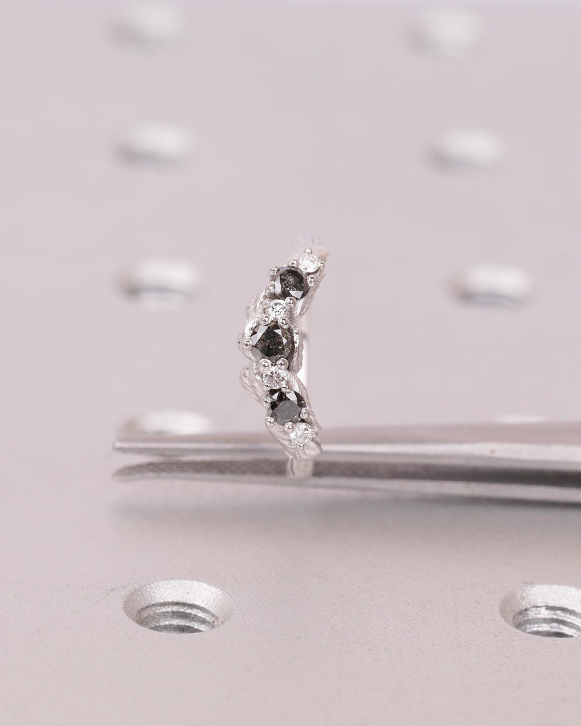 Women's Wedding Band, Vintage Salt and Pepper Diamond Ring, 14k White Gold Nature Inspired Ring, Art Deco Stackable Rings, Handmade Jewelry image #3