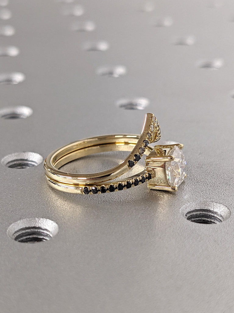 Diamond Engagement and Wedding Ring Set for Women | 14k Yellow Gold Chevron Stacking Ring | Cushion cut Lab Grown Diamond Bridal Jewelry image #4