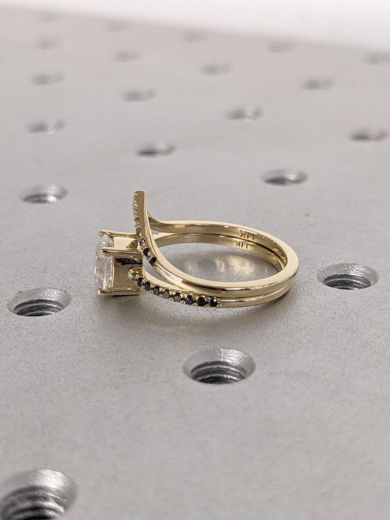 Diamond Engagement and Wedding Ring Set for Women | 14k Yellow Gold Chevron Stacking Ring | Cushion cut Lab Grown Diamond Bridal Jewelry image #6