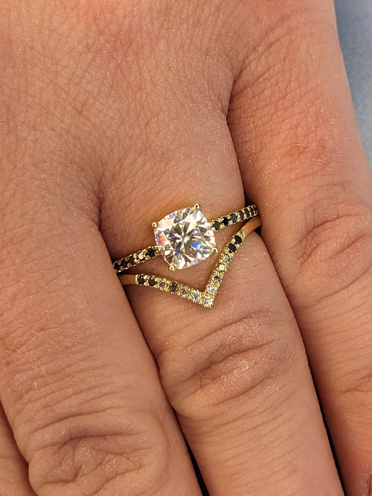 Diamond Engagement and Wedding Ring Set for Women | 14k Yellow Gold Chevron Stacking Ring | Cushion cut Lab Grown Diamond Bridal Jewelry image #2