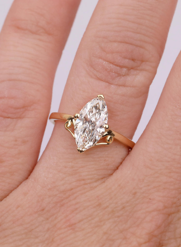 Marquise Cut Moissanite Engagement Ring, 18K Yellow Gold Filigree Wedding Band, Vintage Style Anniversary Gift for Her image #2