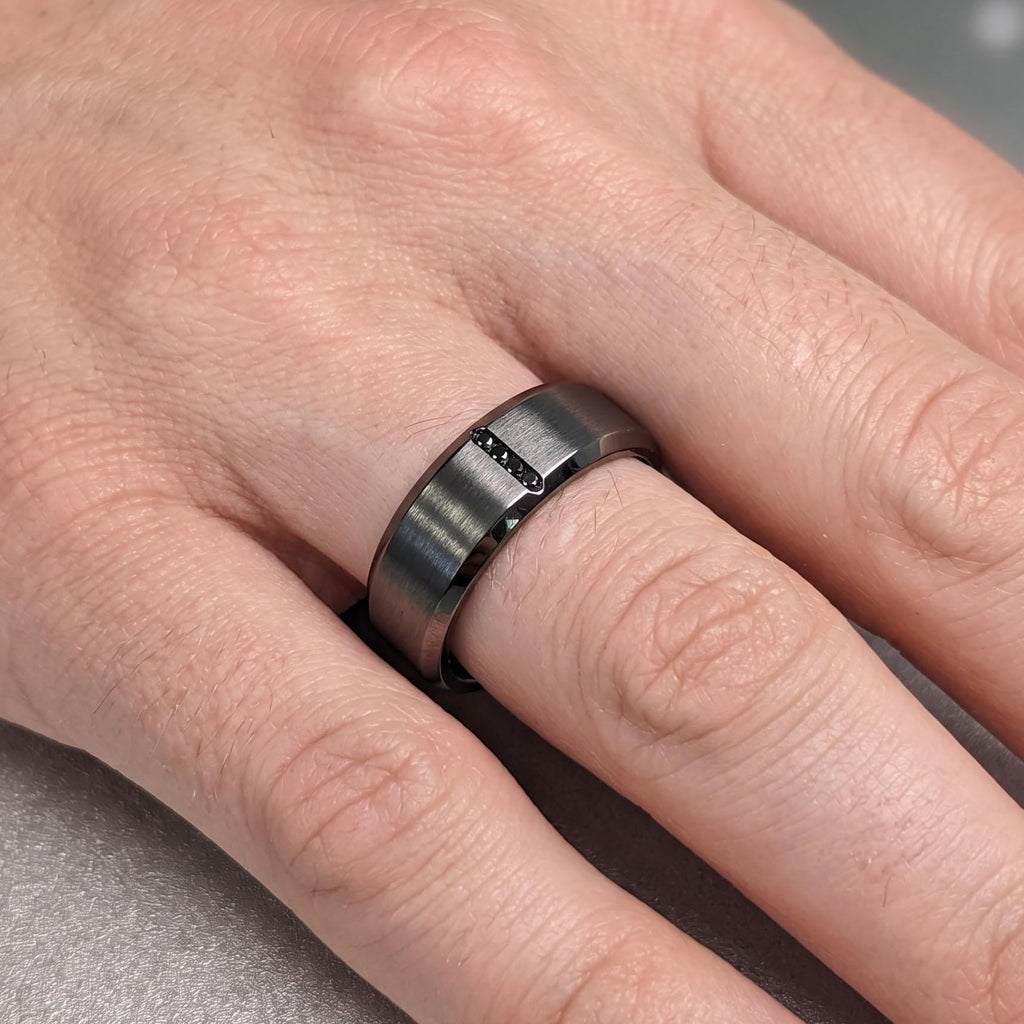 14k Black Gold Diamond Mens Wedding Ring | 7MM His Engagement Ring | Gothic Jewelry For Him | Beveled Wedding Band image #4