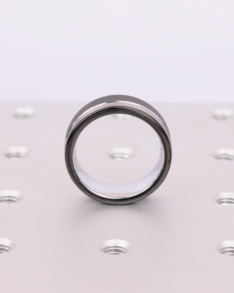 8mm Tungsten Ring Men, White Gold Plated Inlay Ring, Brushed Silver Men's Wedding Band, Comfort Fit Black Rings, Personalized Jewelry image #4