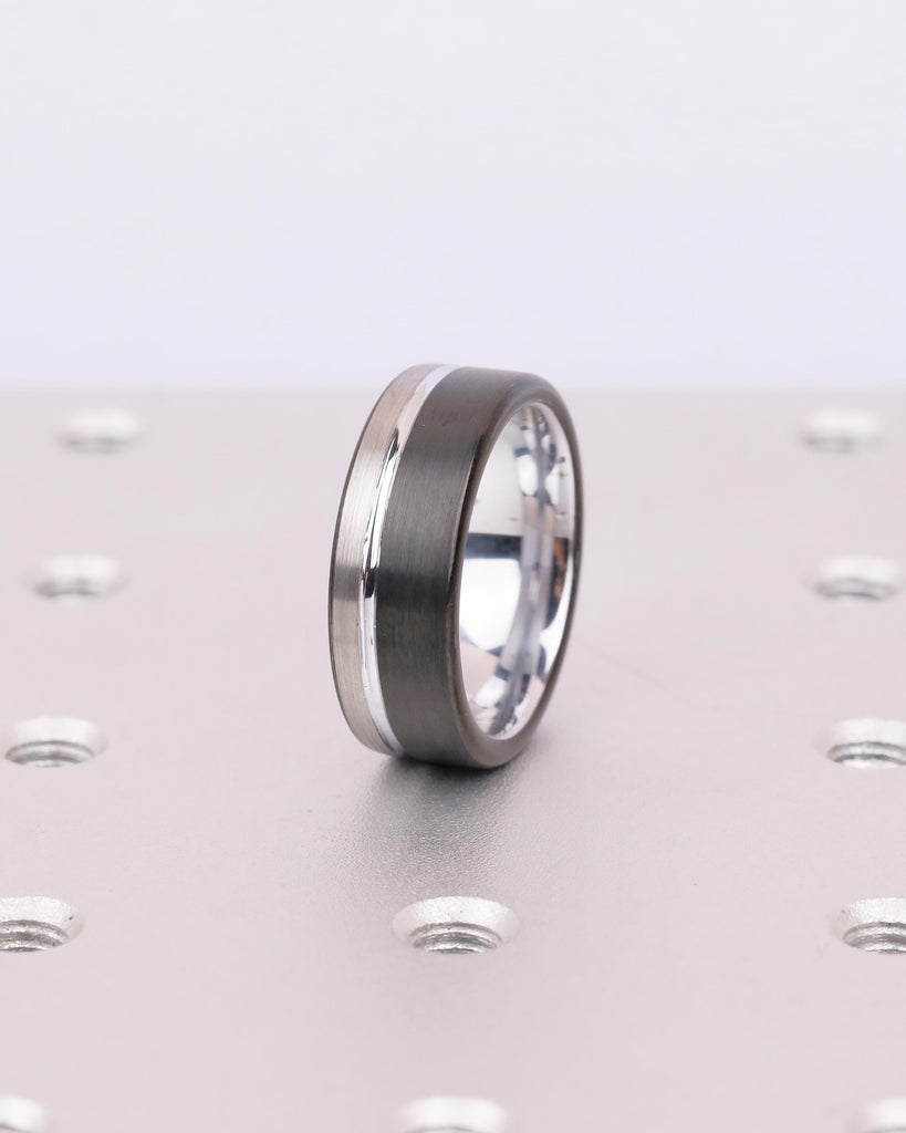 8mm Tungsten Ring Men, White Gold Plated Inlay Ring, Brushed Silver Men's Wedding Band, Comfort Fit Black Rings, Personalized Jewelry image #2