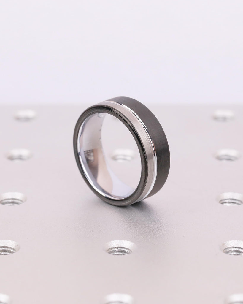 8mm Tungsten Ring Men, White Gold Plated Inlay Ring, Brushed Silver Men's Wedding Band, Comfort Fit Black Rings, Personalized Jewelry image #13