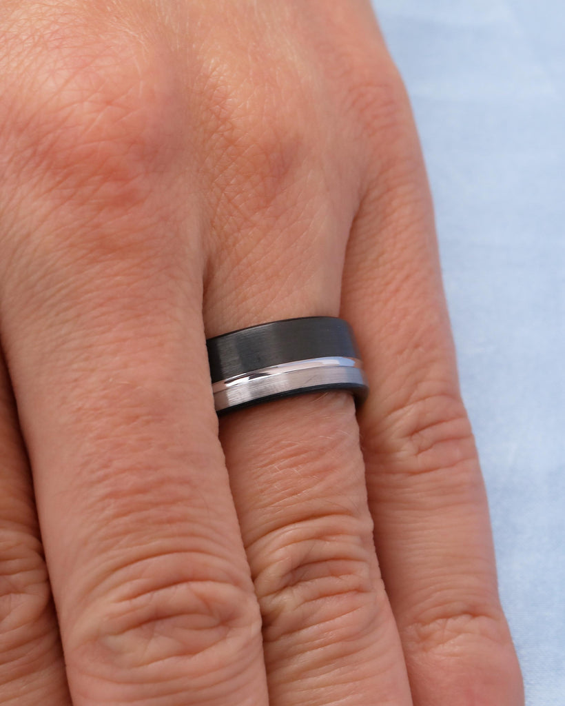 8mm Tungsten Ring Men, White Gold Plated Inlay Ring, Brushed Silver Men's Wedding Band, Comfort Fit Black Rings, Personalized Jewelry image #3