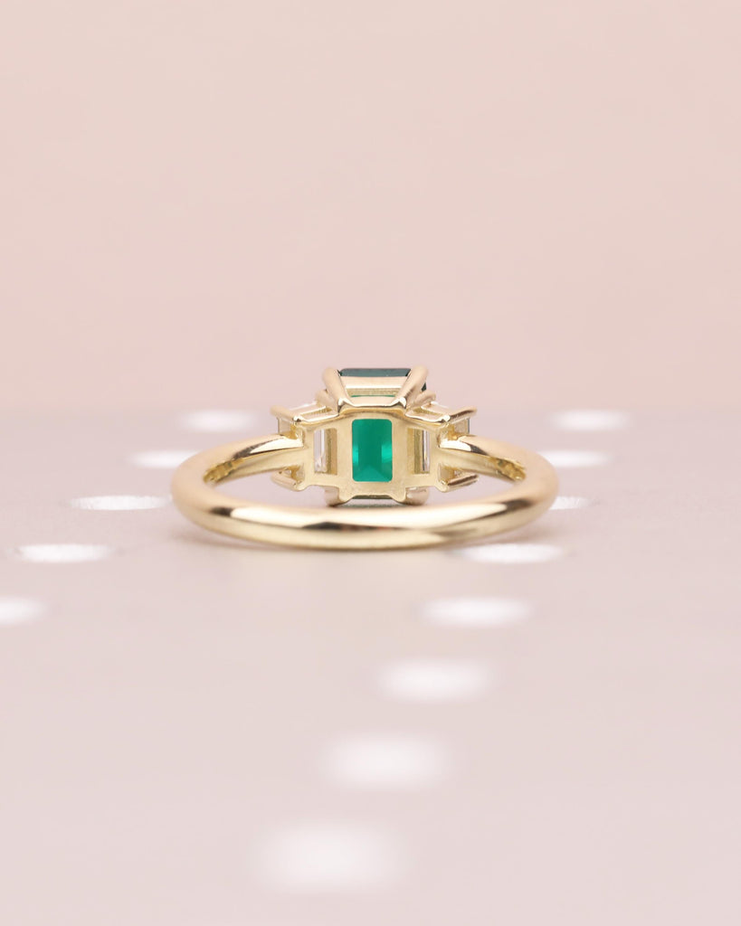 Emerald Cut Lab Emerald Ring with Moissanite Trapezoids, 3 Stone Ring, Handmade Gold Engagement Ring, Statement Art Deco Green Gemstone Ring image #5