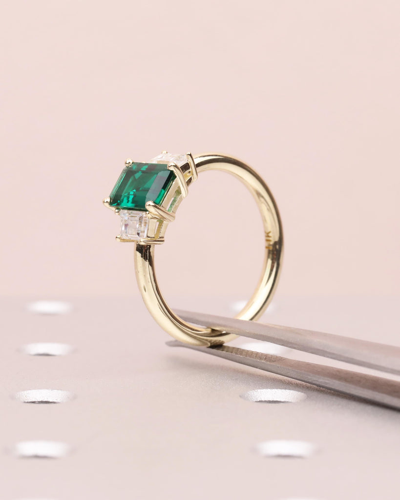 Emerald Cut Lab Emerald Ring with Moissanite Trapezoids, 3 Stone Ring, Handmade Gold Engagement Ring, Statement Art Deco Green Gemstone Ring image #9