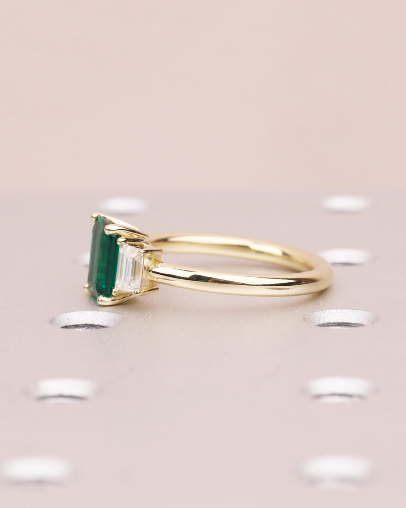 Art Deco Emerald Engagement Ring | 14K Gold Three Stone Ring | Emerald Cut Lab Created Green Emerald | Trapezoid Moissanite | May Birthstone image #5