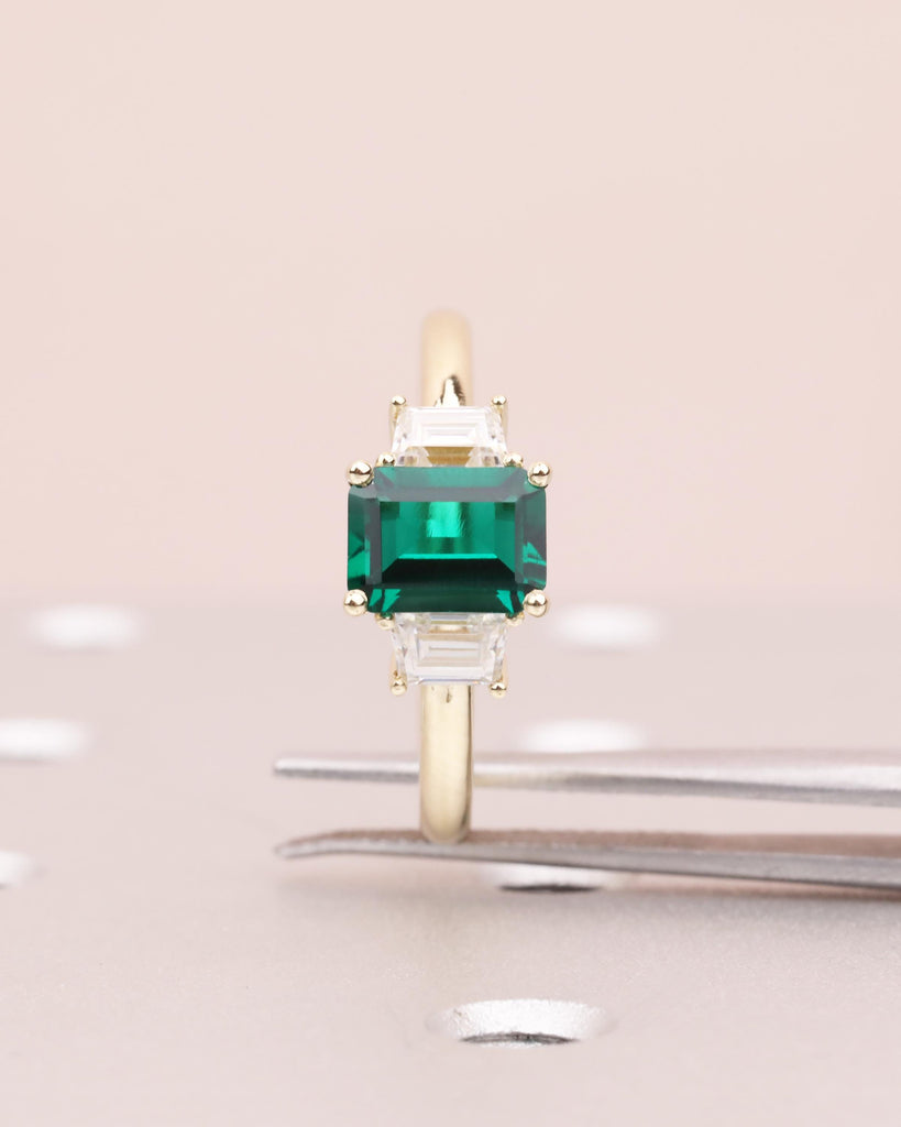 Art Deco Emerald Engagement Ring | 14K Gold Three Stone Ring | Emerald Cut Lab Created Green Emerald | Trapezoid Moissanite | May Birthstone image #10