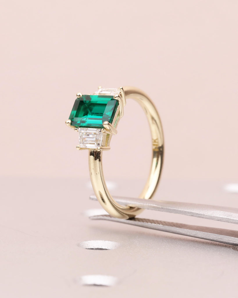 Art Deco Emerald Engagement Ring | 14K Gold Three Stone Ring | Emerald Cut Lab Created Green Emerald | Trapezoid Moissanite | May Birthstone image #7