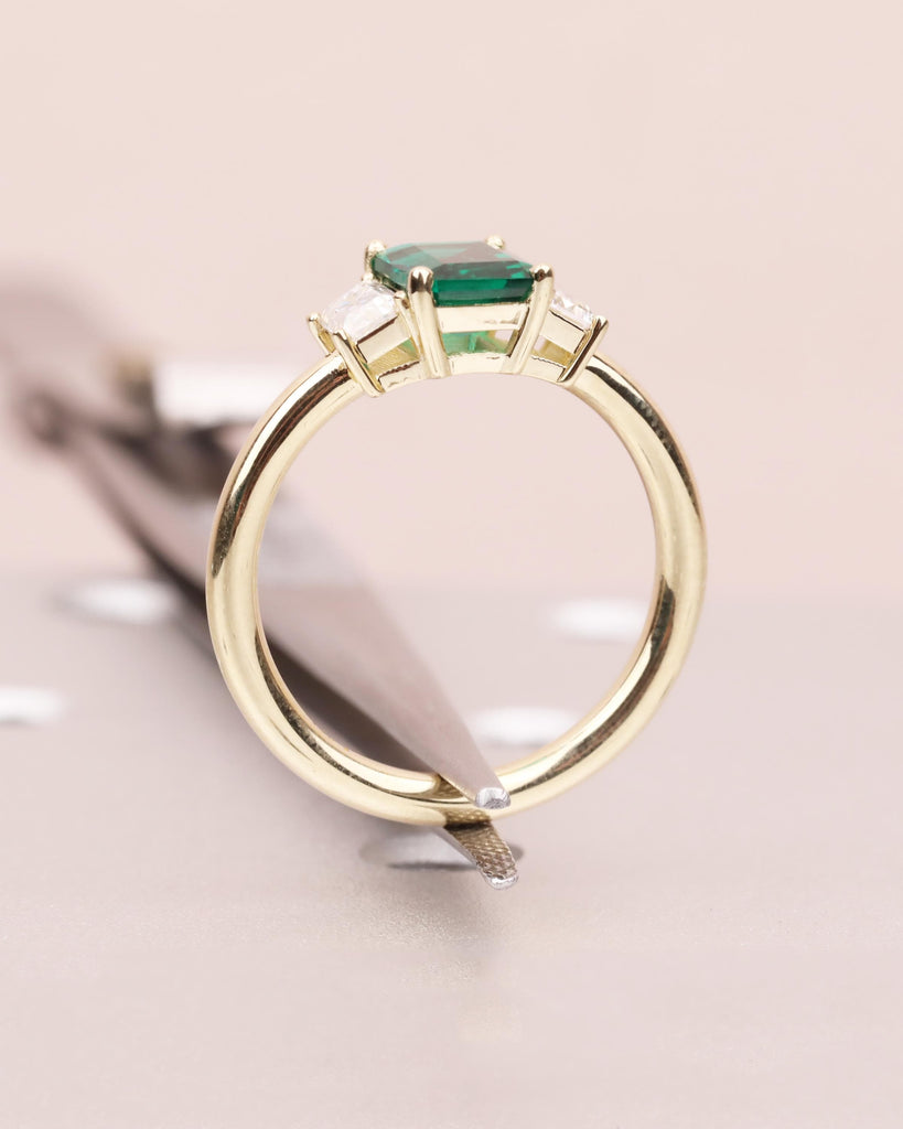Emerald Cut Lab Emerald Ring with Moissanite Trapezoids, 3 Stone Ring, Handmade Gold Engagement Ring, Statement Art Deco Green Gemstone Ring image #10