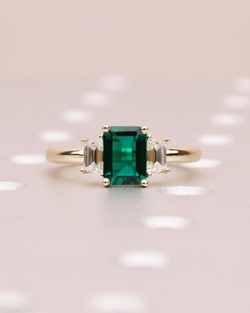 Emerald Cut Lab Emerald Ring with Moissanite Trapezoids, 3 Stone Ring, Handmade Gold Engagement Ring, Statement Art Deco Green Gemstone Ring image #4