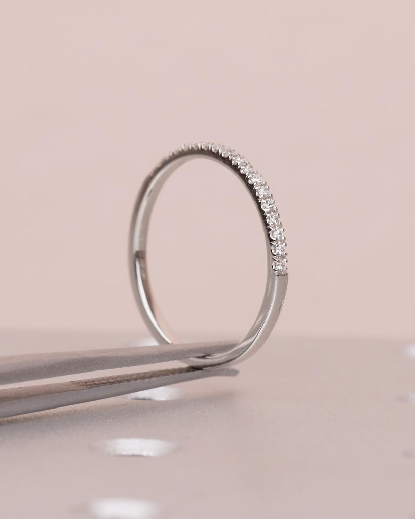 Diamond Wedding Band, Minimalist Platinum Matching Rings for Women, Thin Half Eternity Moissanite Ring, Unique Personalized Handmade Jewelry image #15