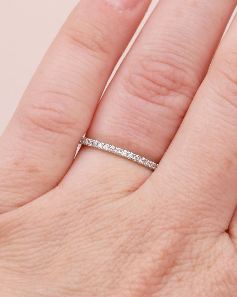 Dainty Wedding Band Women, Platinum Lab Diamond Pave Ring, Thin Stackable Rings image #3
