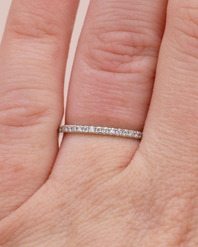 Dainty Wedding Band Women, Platinum Lab Diamond Pave Ring, Thin Stackable Rings image #10