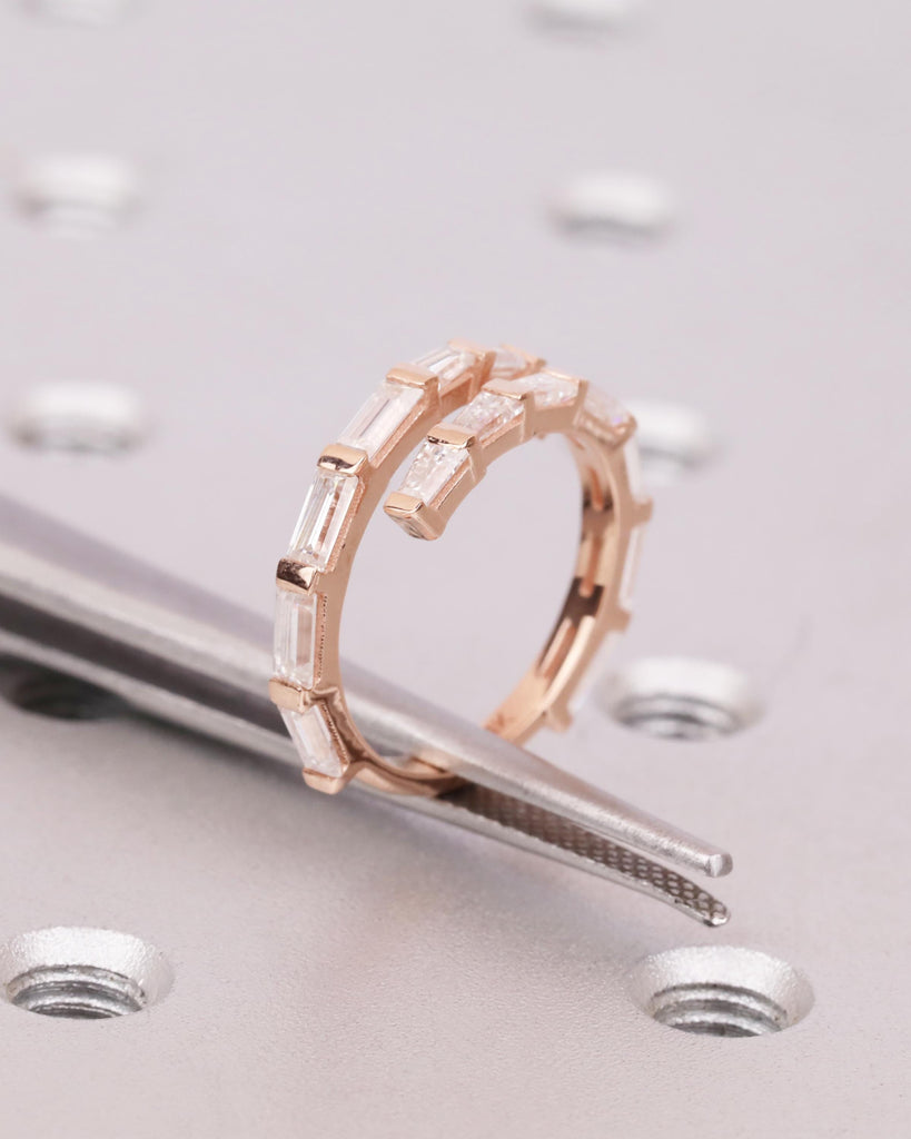 Diamond Baguette Pinky Ring, 14k Rose Gold Half Eternity Wrap Ring, Double Row Wrap Around Ring, Spiral Ring, Dainty Stacking Ring for Women image #9