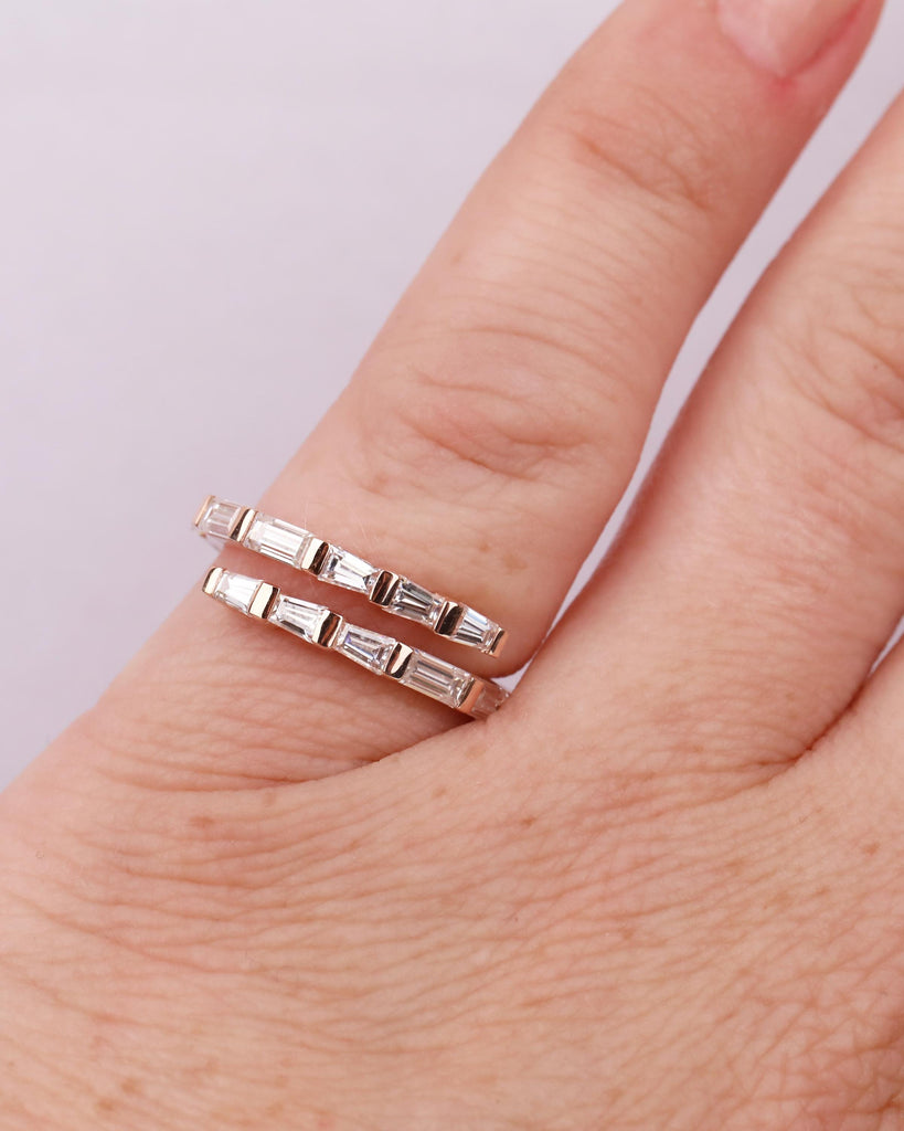 Solid Gold Pinky Ring / Baguette Diamond Wrap Ring / Spiral Moissanite Bypass Ring / Stackable Rings / Rings for Women / Best Friend Gifts