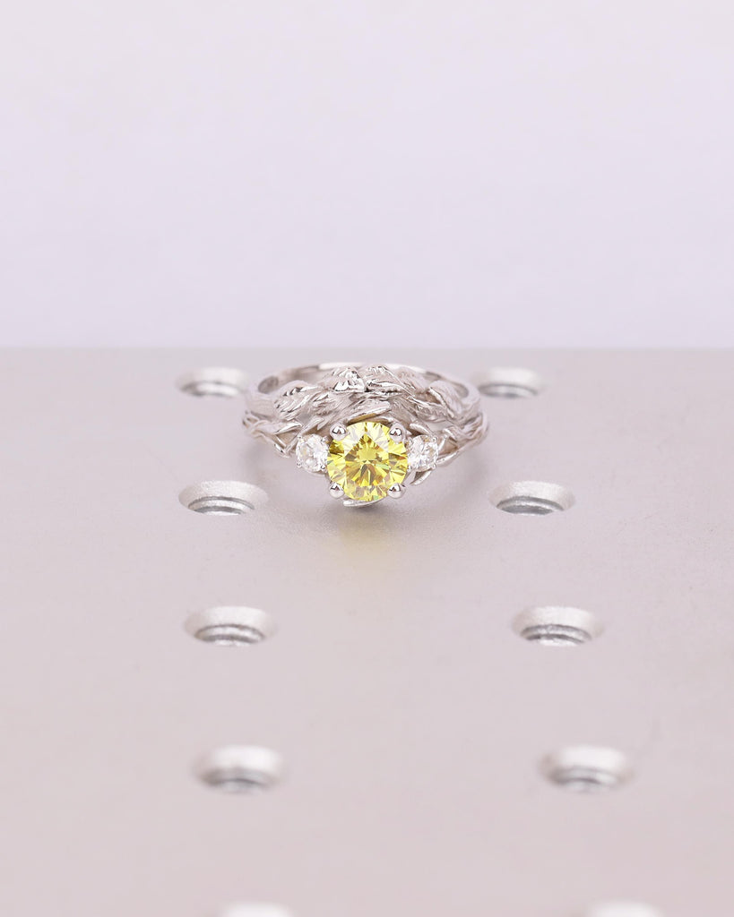 Yellow Lab Diamond Engagement Ring Set, Vintage 14k White Gold Wedding Anniversary Ring, Unique Nature Inspired Personalized Bridal Jewelry image #11