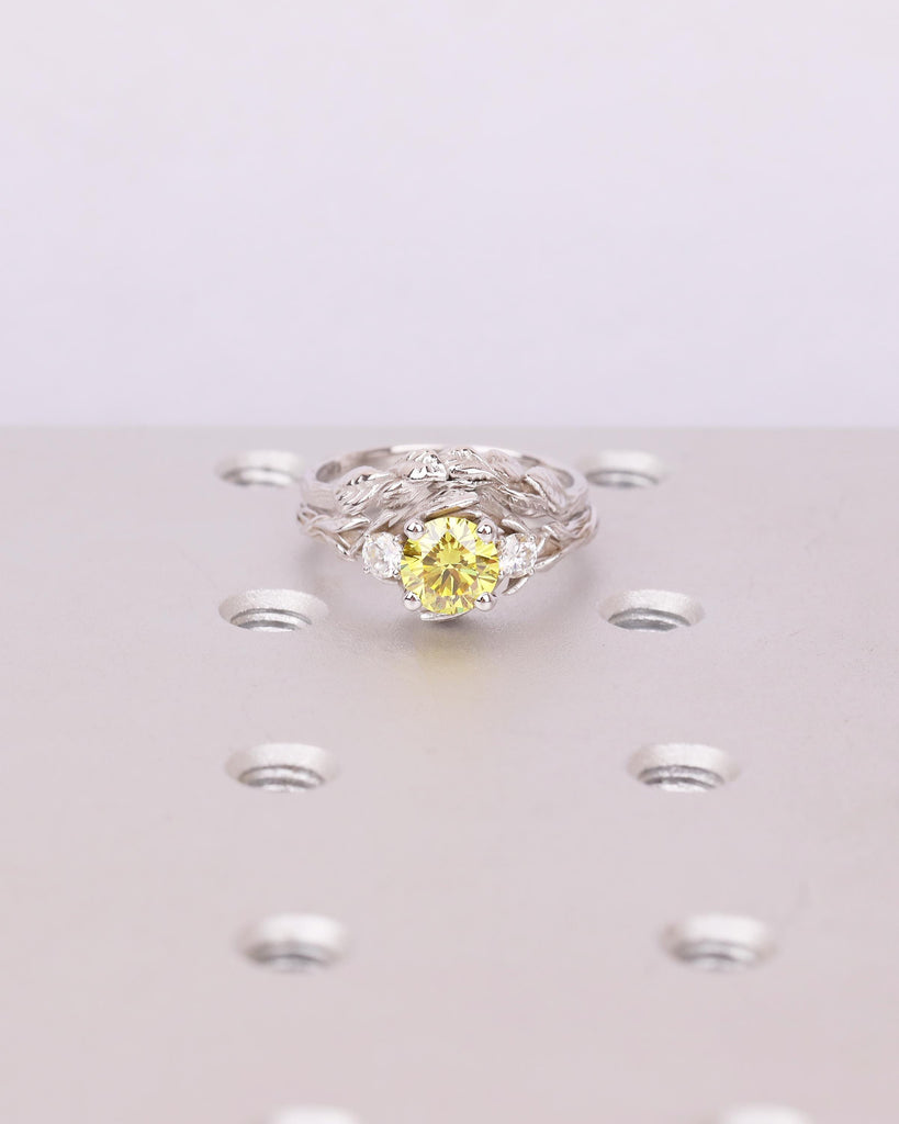 14k Gold Wedding Ring Set, Yellow Lab Diamond Engagement Ring, Moissanite Accents, Vintage Style Stackable Rings for Women, Nature Jewelry image #17