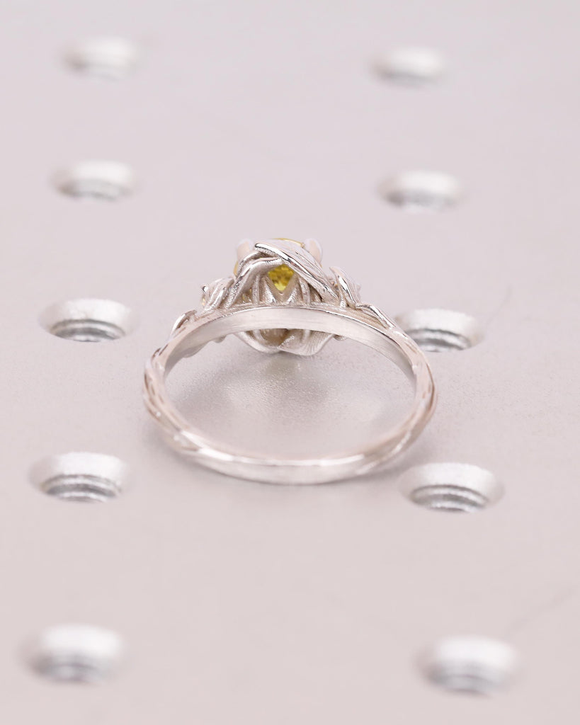Art Deco Nature Inspired Ring, Round Yellow Lab Grown Diamond Engagement Ring, 18k/14k White Gold Promise Rings for Women, Floral Jewelry image #6